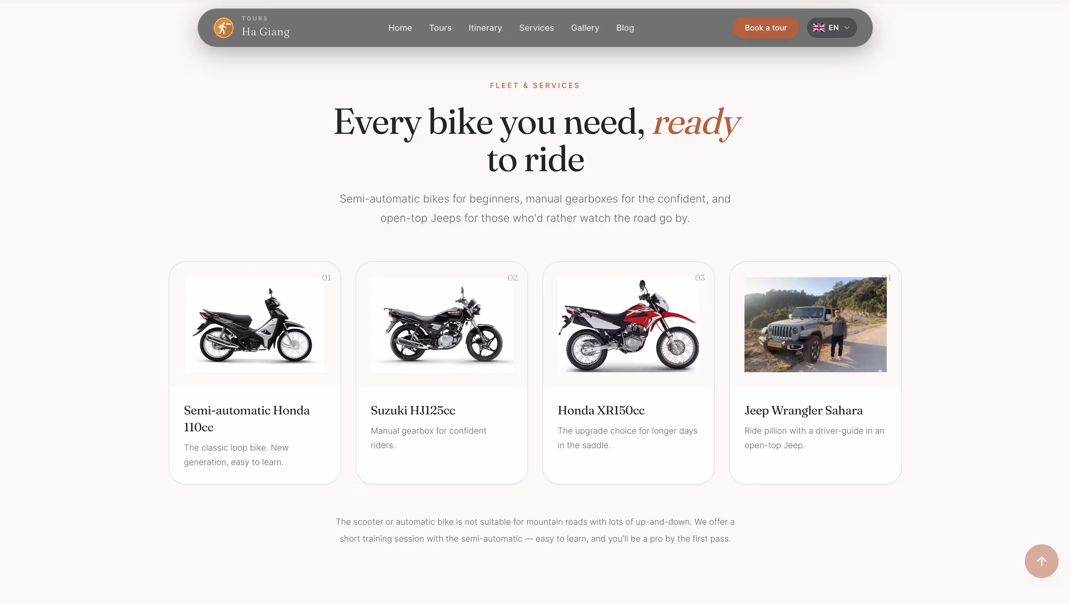 Tour Booking bike rental screen